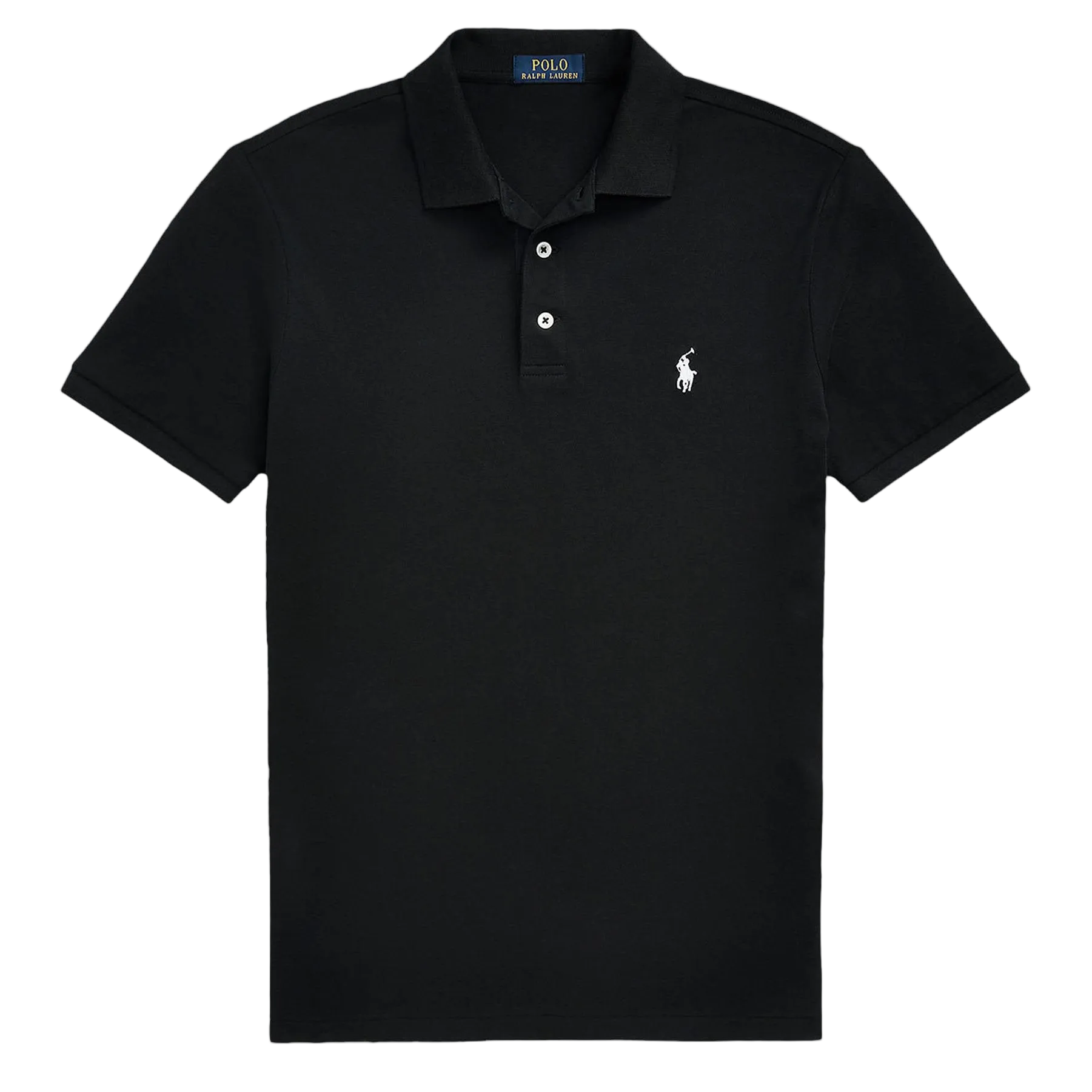 Black polo shirt with a small logo on a white background