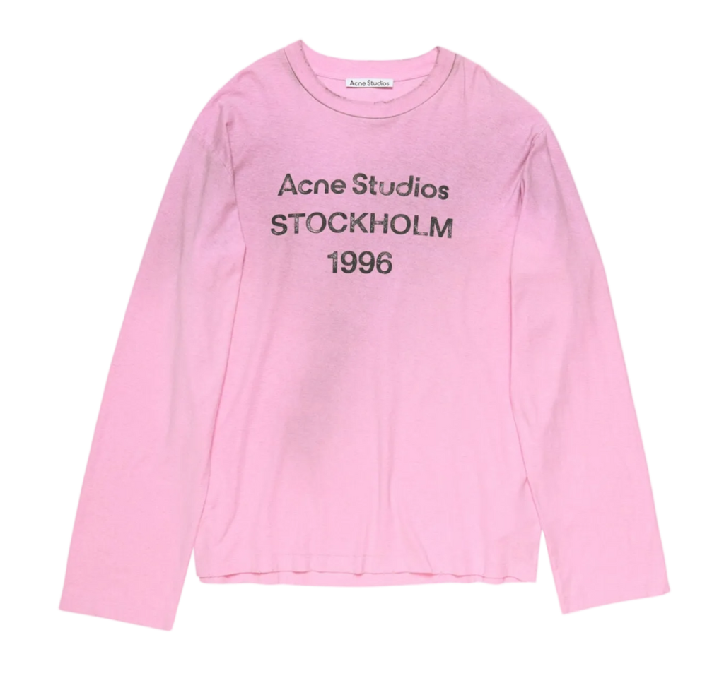 Pink long-sleeve shirt with 'Acne Studios Stockholm 1996' text on a white background