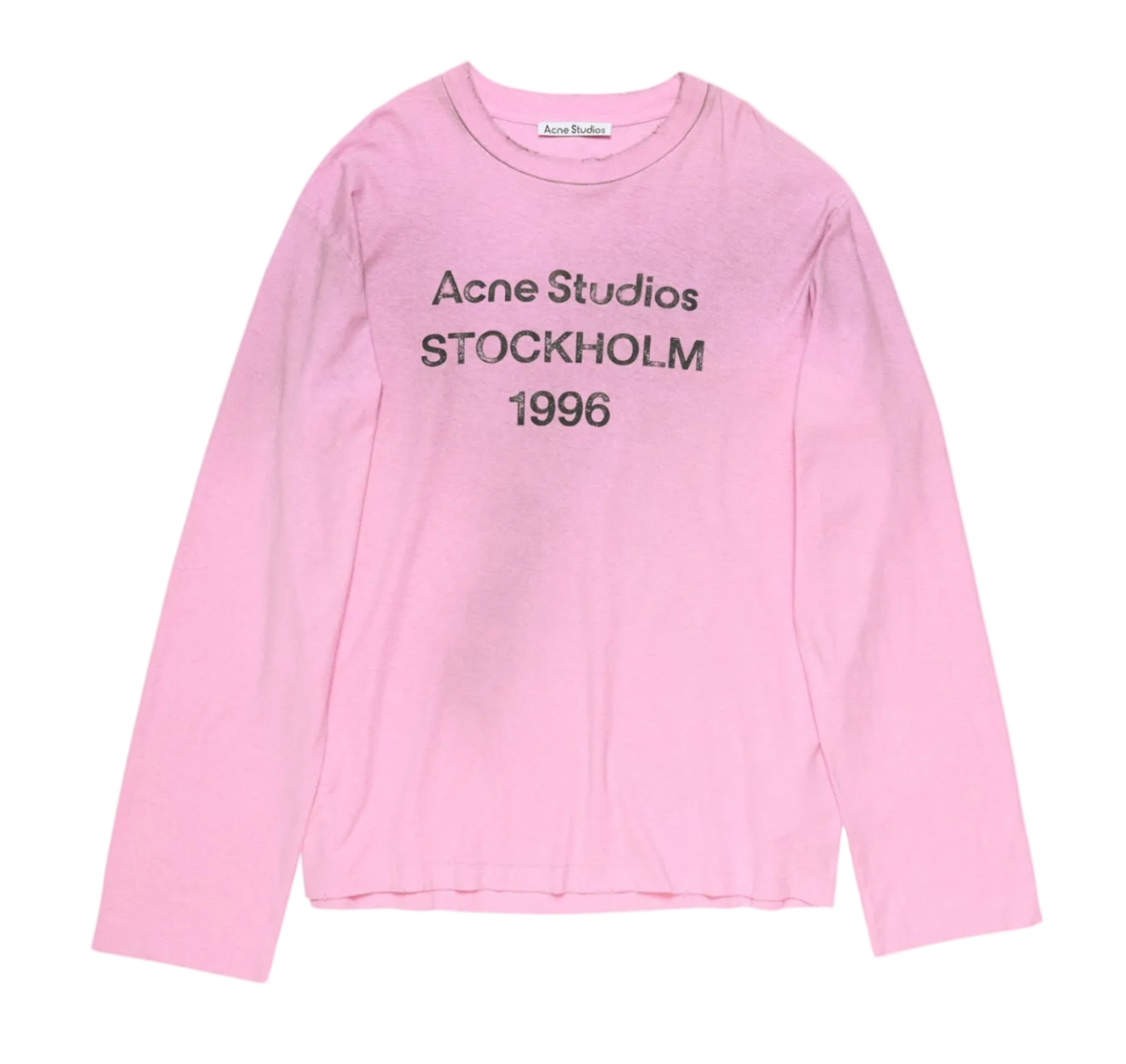 Pink long-sleeve shirt with 'Acne Studios Stockholm 1996' text on a white background