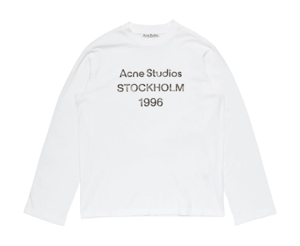 White sweatshirt with 'Acne Studios Stockholm 1996' text on a white background