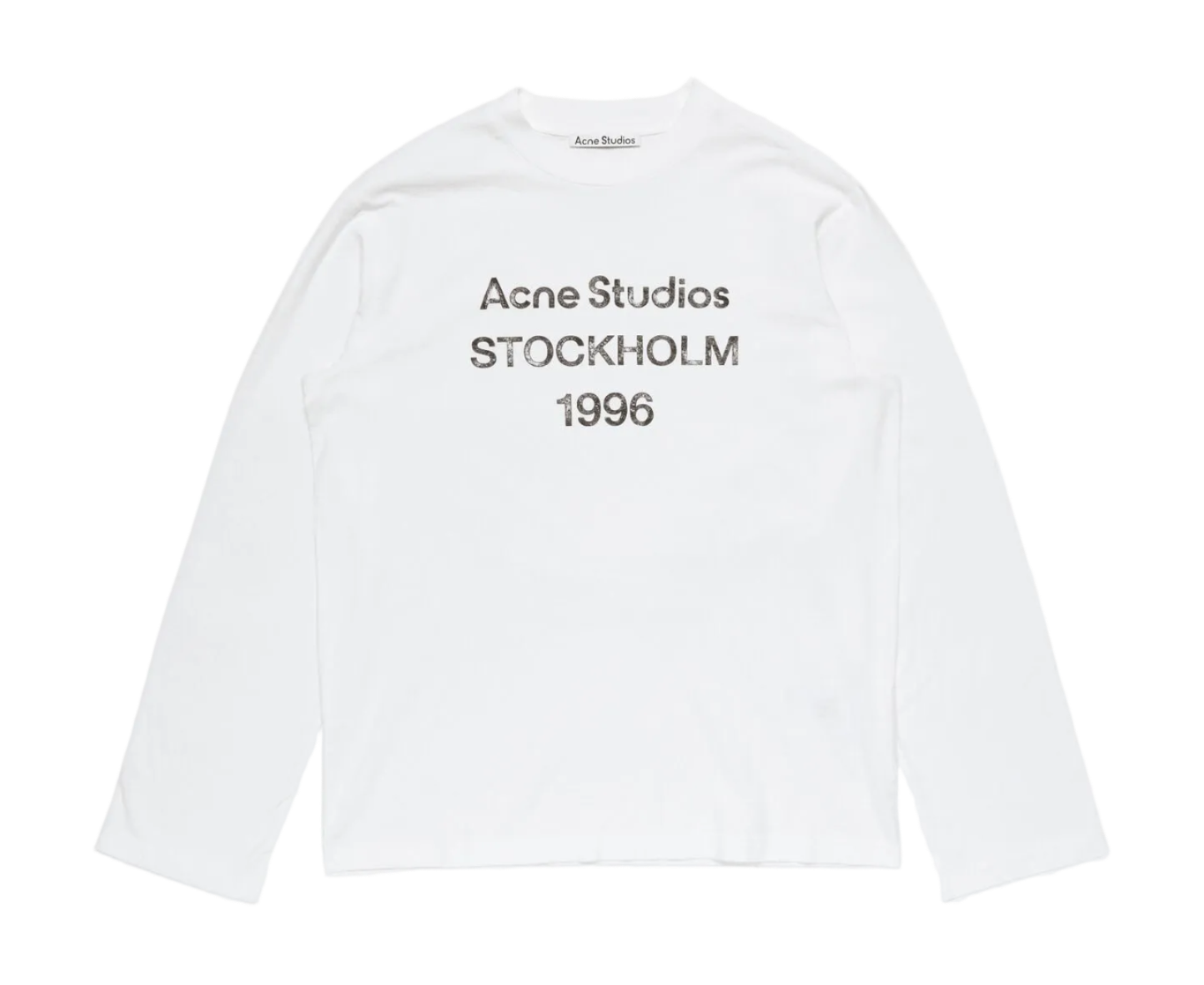 White sweatshirt with 'Acne Studios Stockholm 1996' text on a white background
