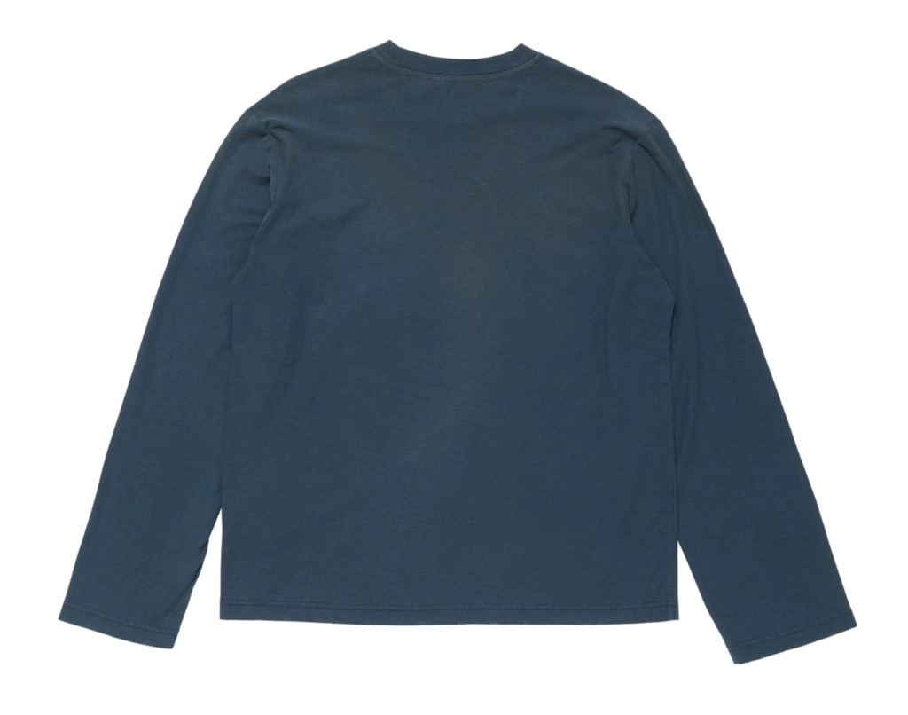 Navy long-sleeve shirt on a light gray background
