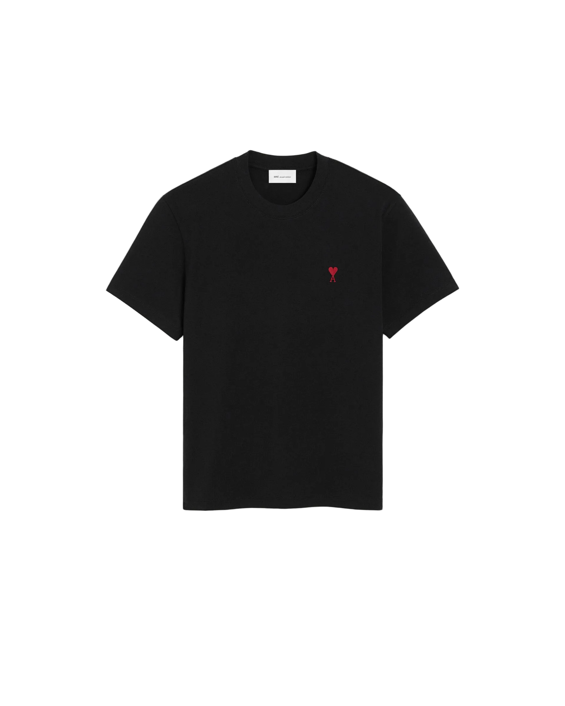Black t-shirt with a small red logo on a beige background