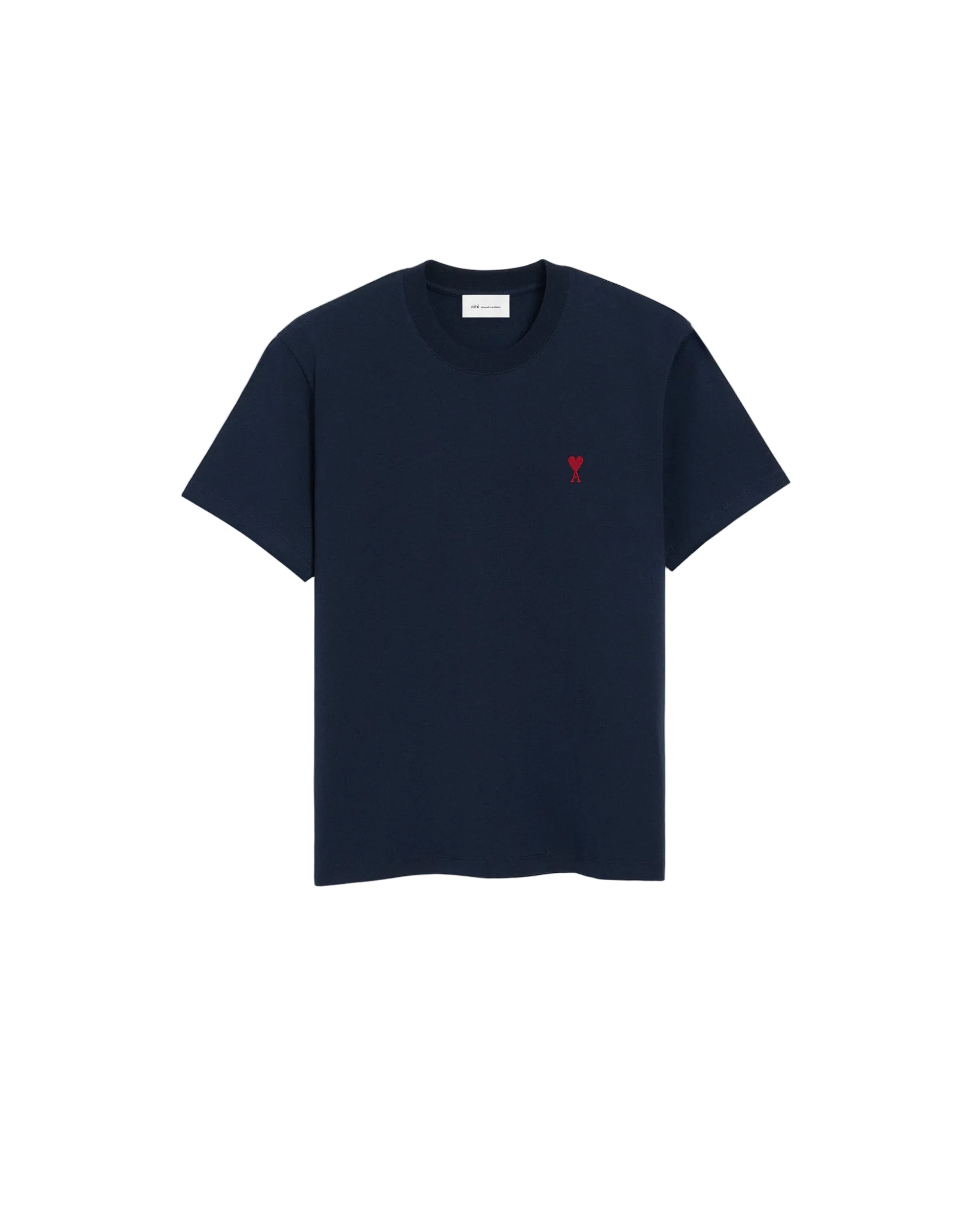 Navy blue t-shirt with a small red logo on a beige background