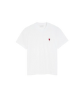 White t-shirt with a small red logo on a beige background