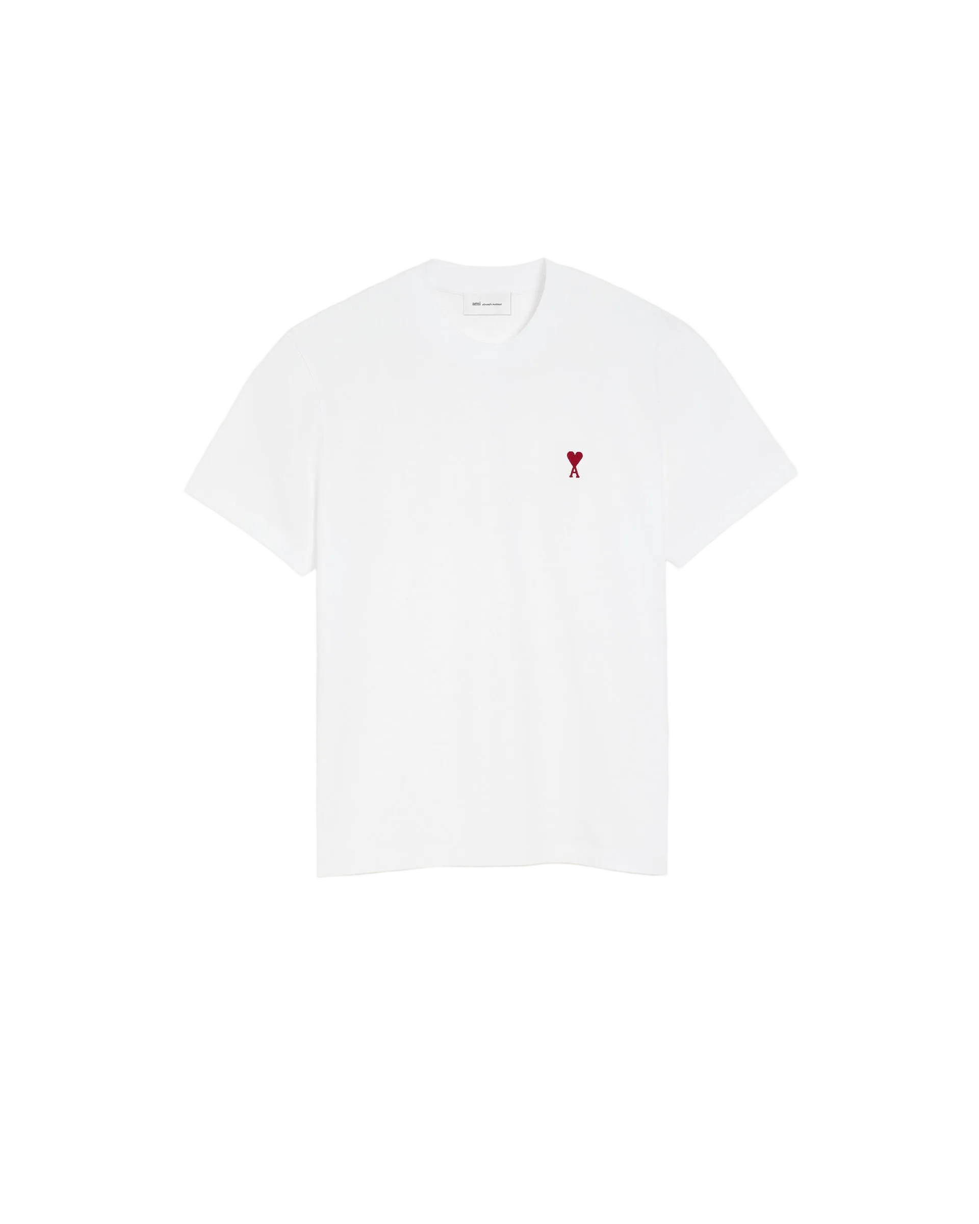 White t-shirt with a small red logo on a beige background