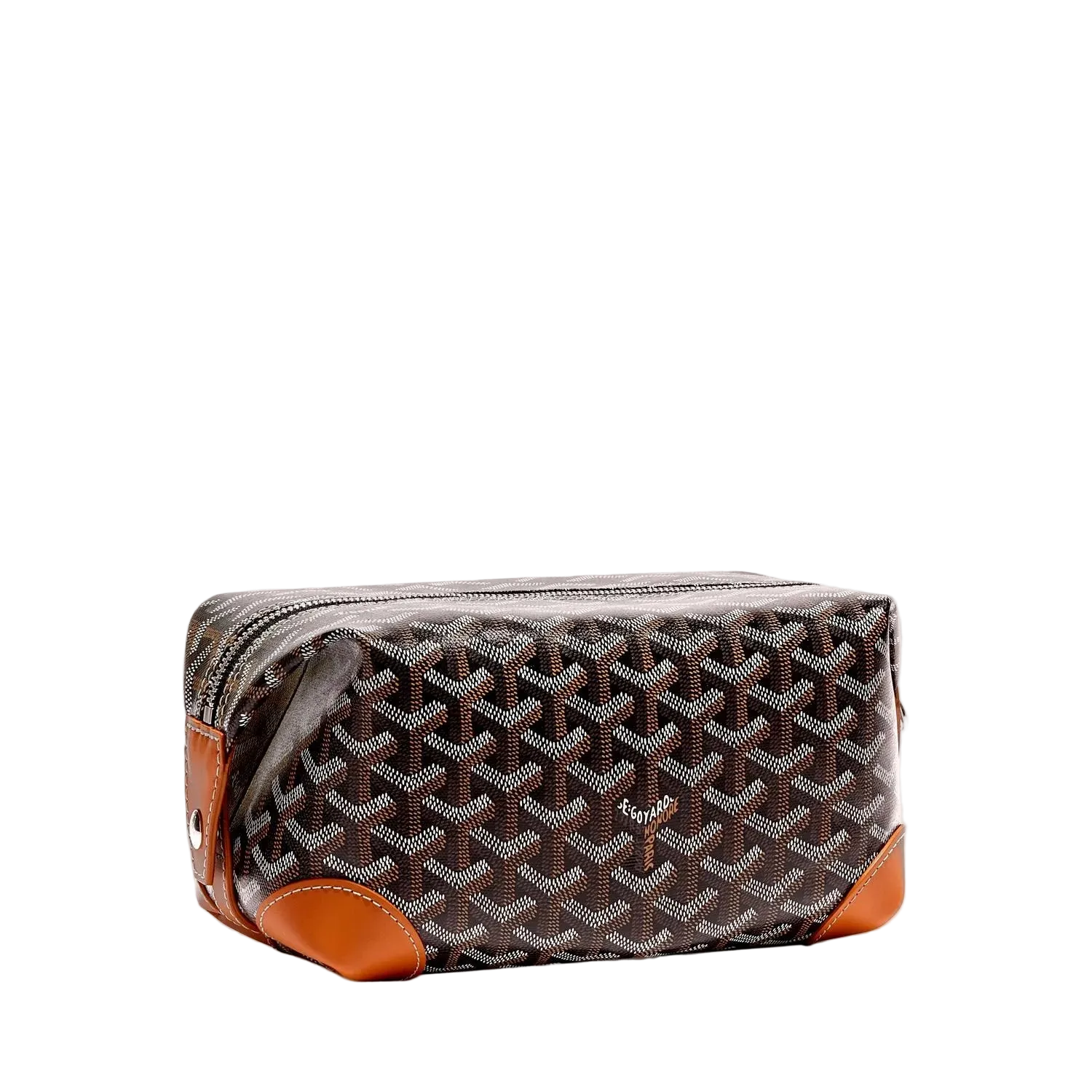 Patterned toiletry bag with brown accents on a light beige background
