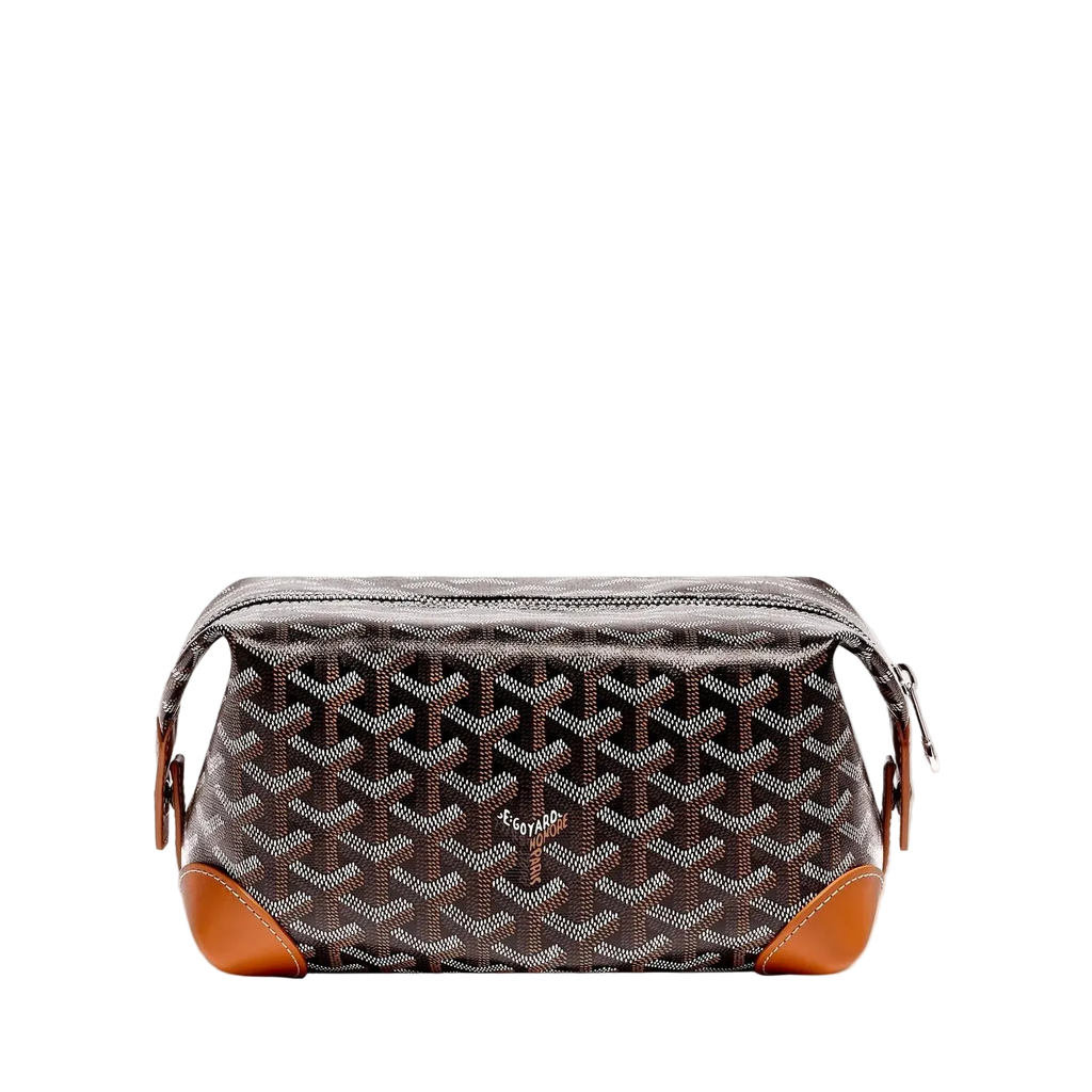 Designer toiletry bag with distinctive pattern on a white background
