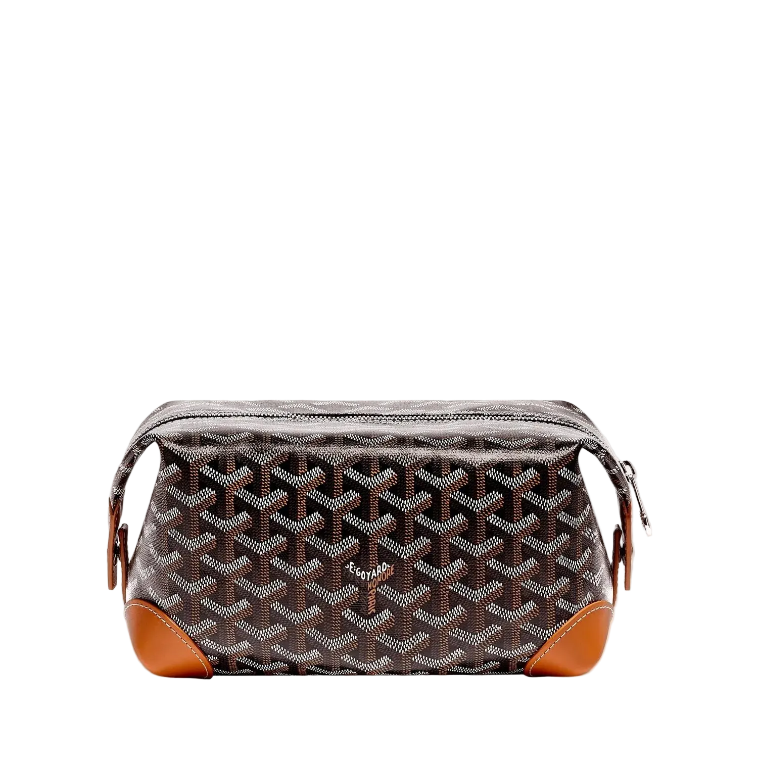 Designer toiletry bag with distinctive pattern on a white background
