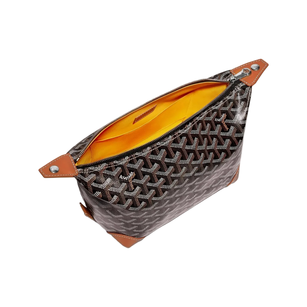 Patterned pouch with brown leather accents on a white background