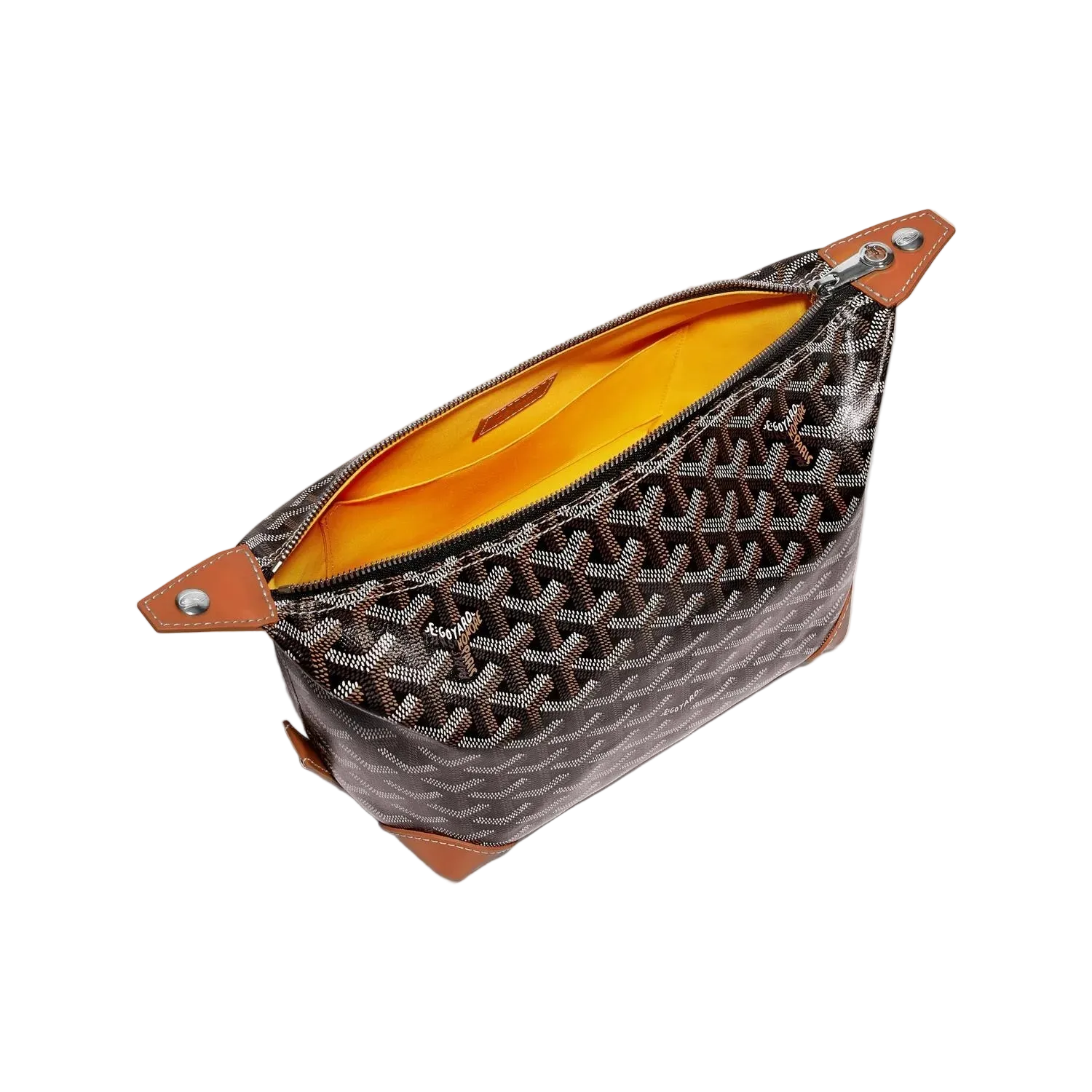 Patterned pouch with brown leather accents on a white background