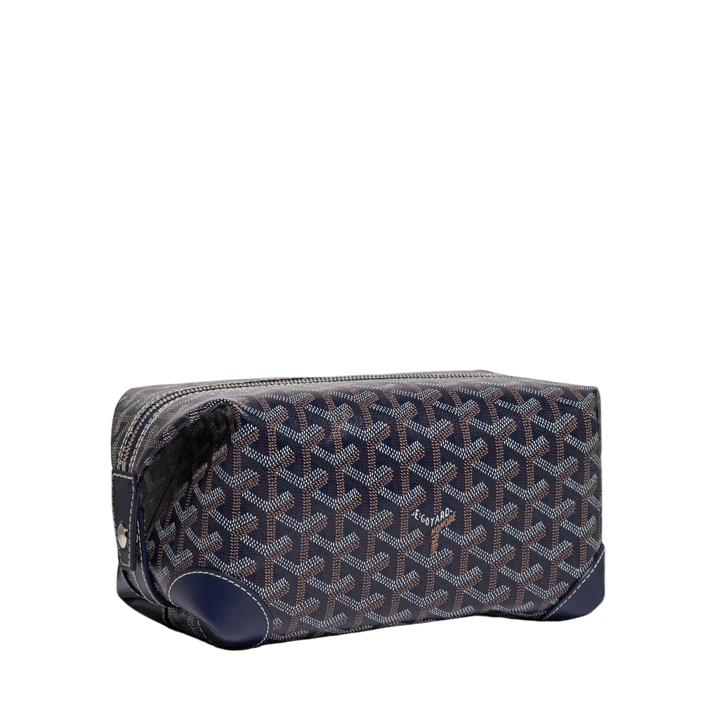 Patterned toiletry bag on a light gray background