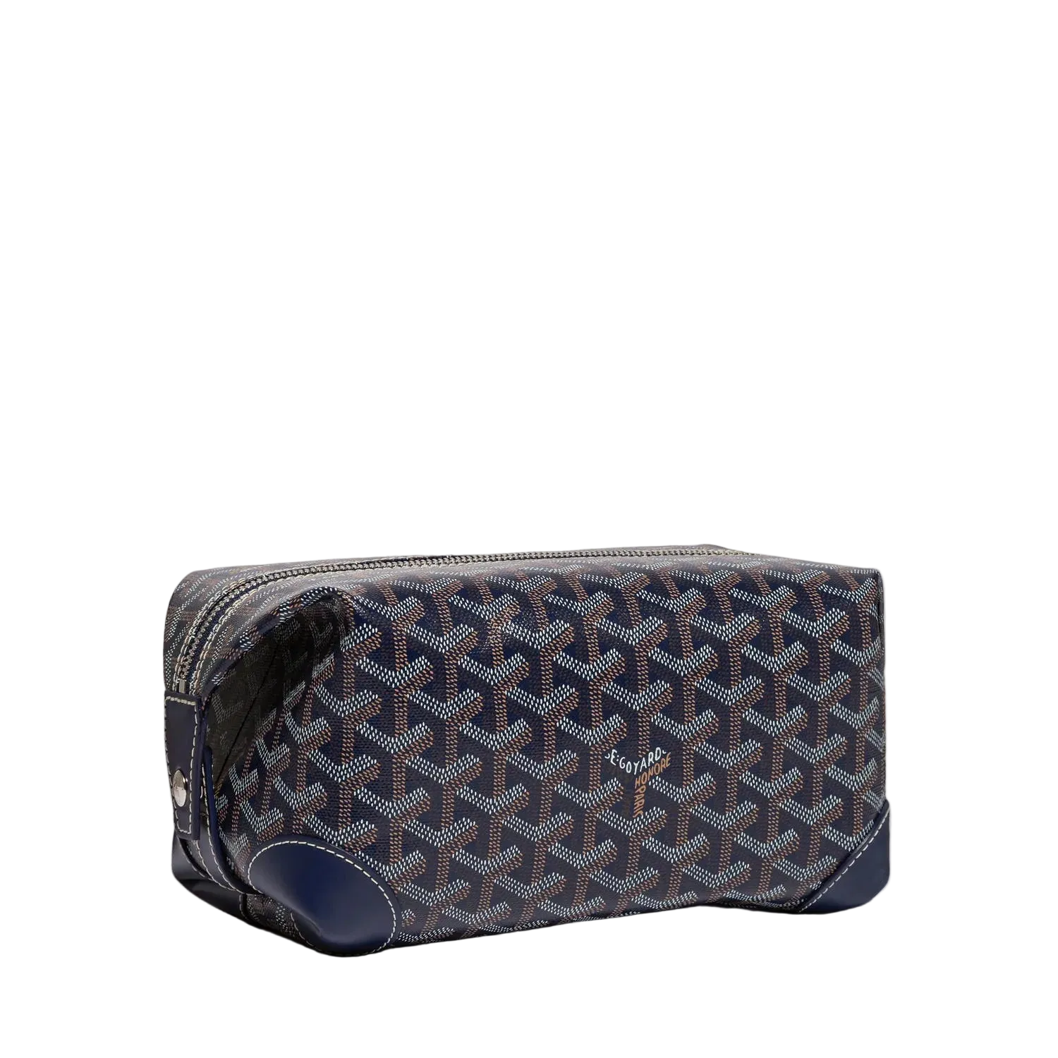 Patterned toiletry bag on a light gray background