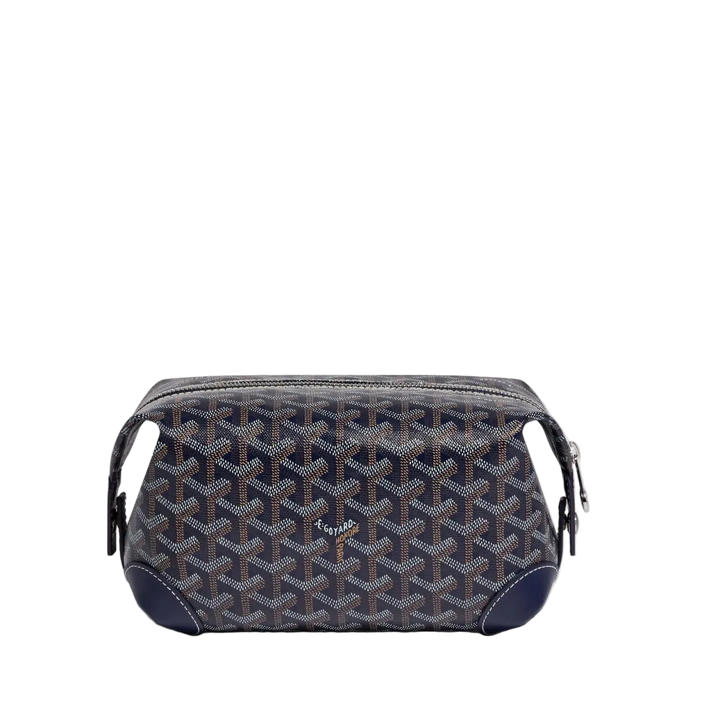 Patterned toiletry bag with brand logo on a light gray background
