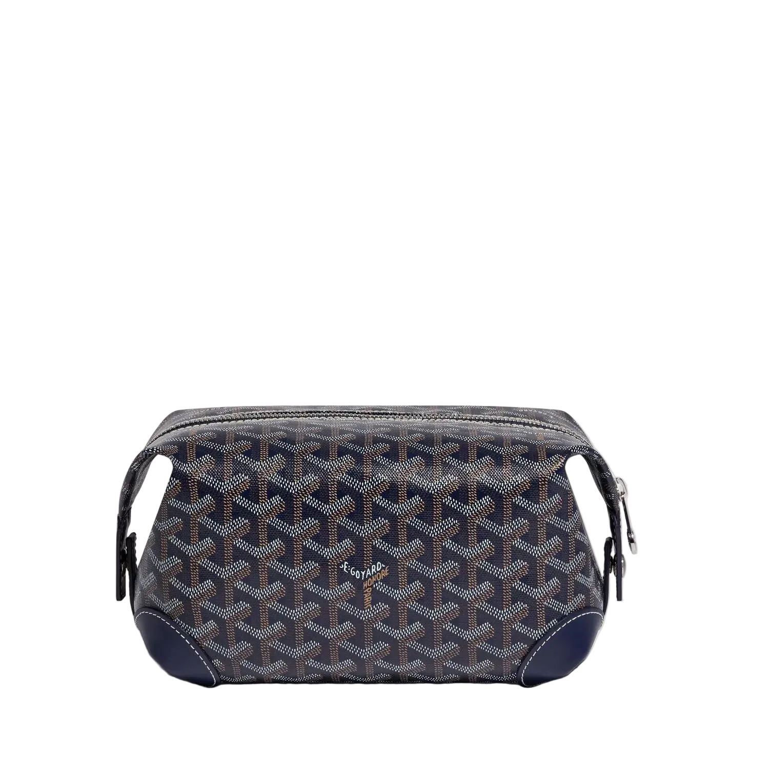 Patterned toiletry bag with brand logo on a light gray background