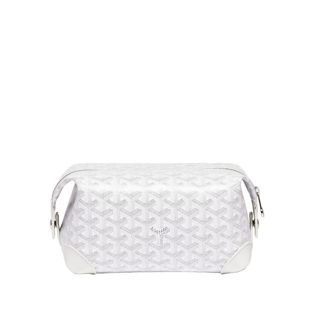 White patterned cosmetic bag on a light gray background