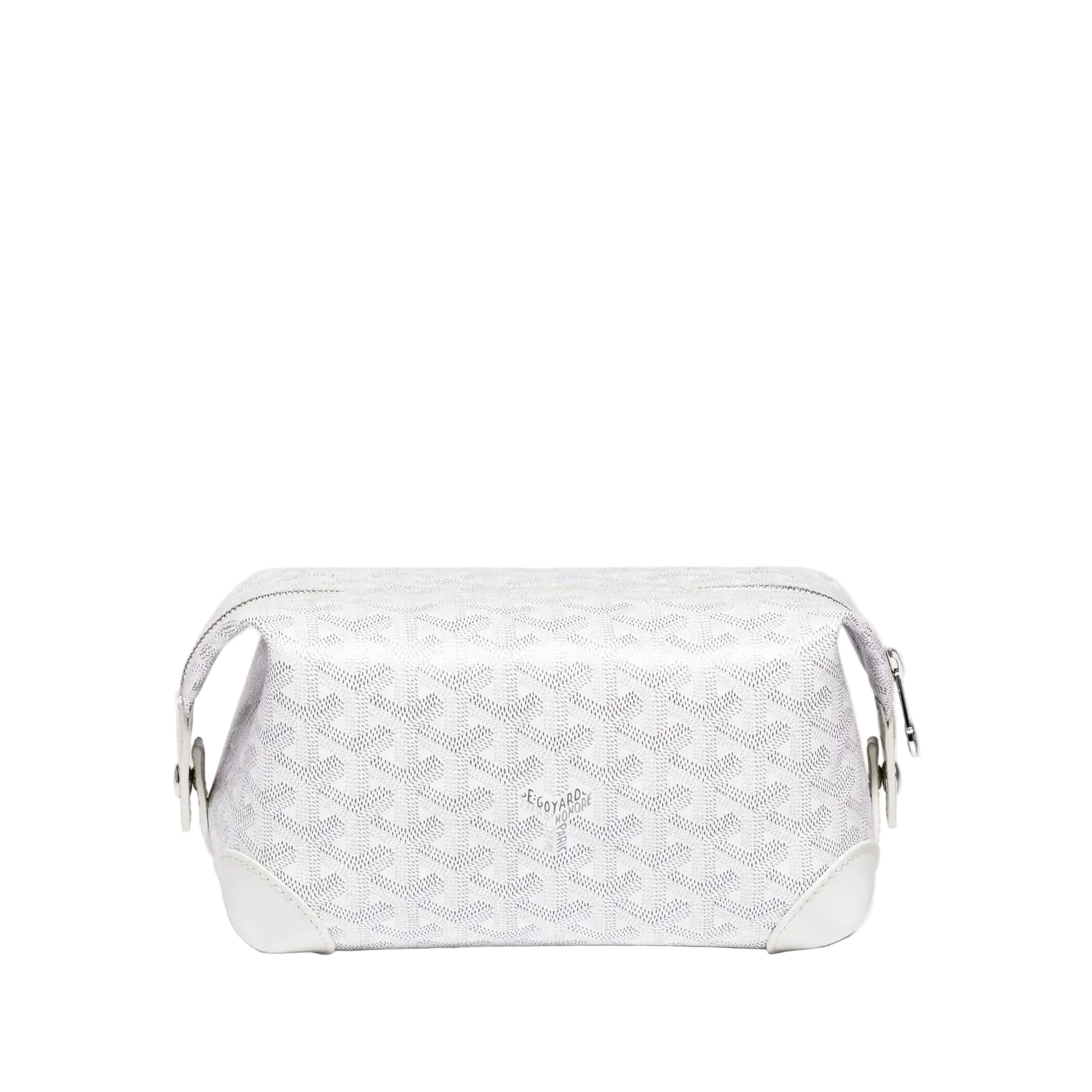 White patterned cosmetic bag on a light gray background