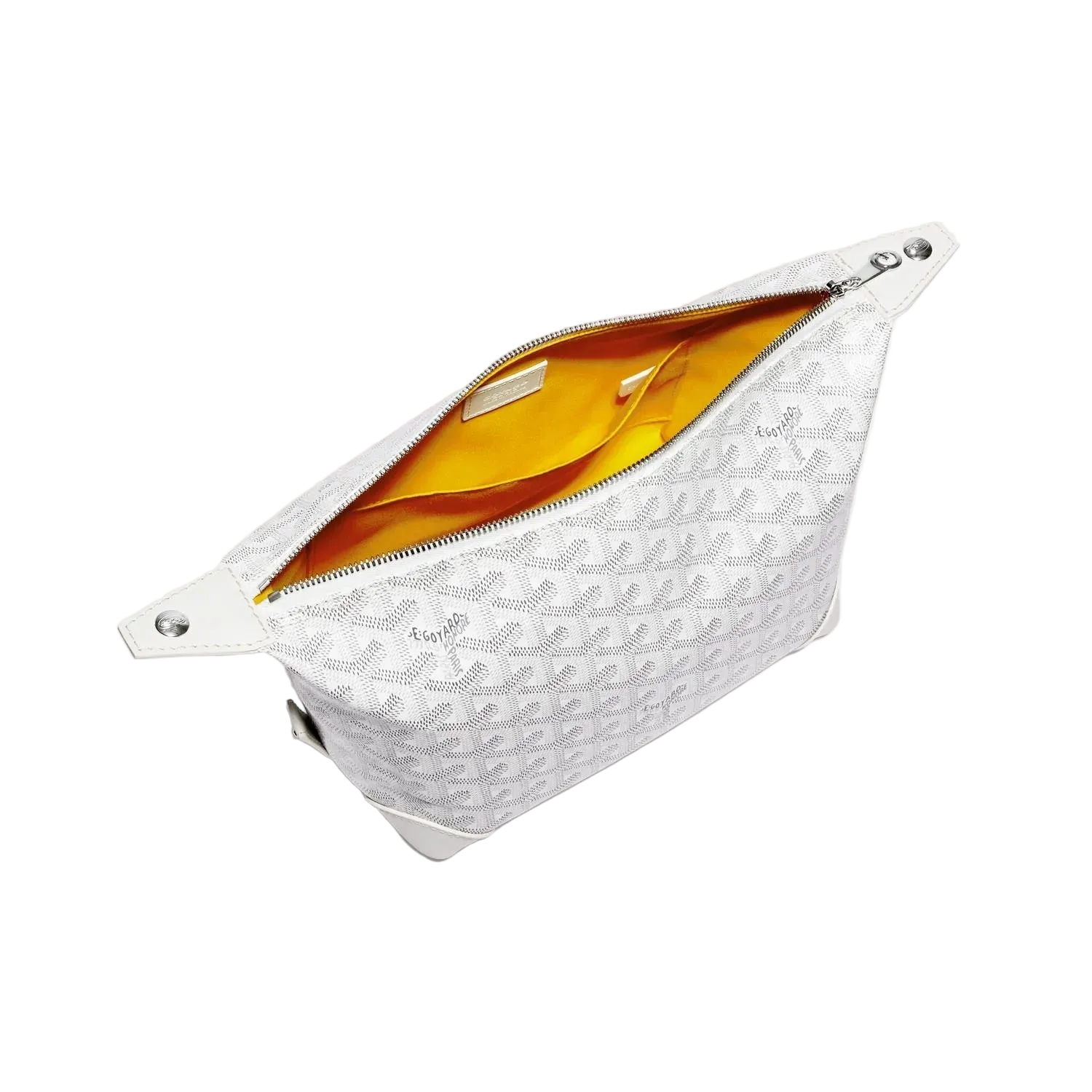 White patterned pouch with a yellow interior on a light gray background