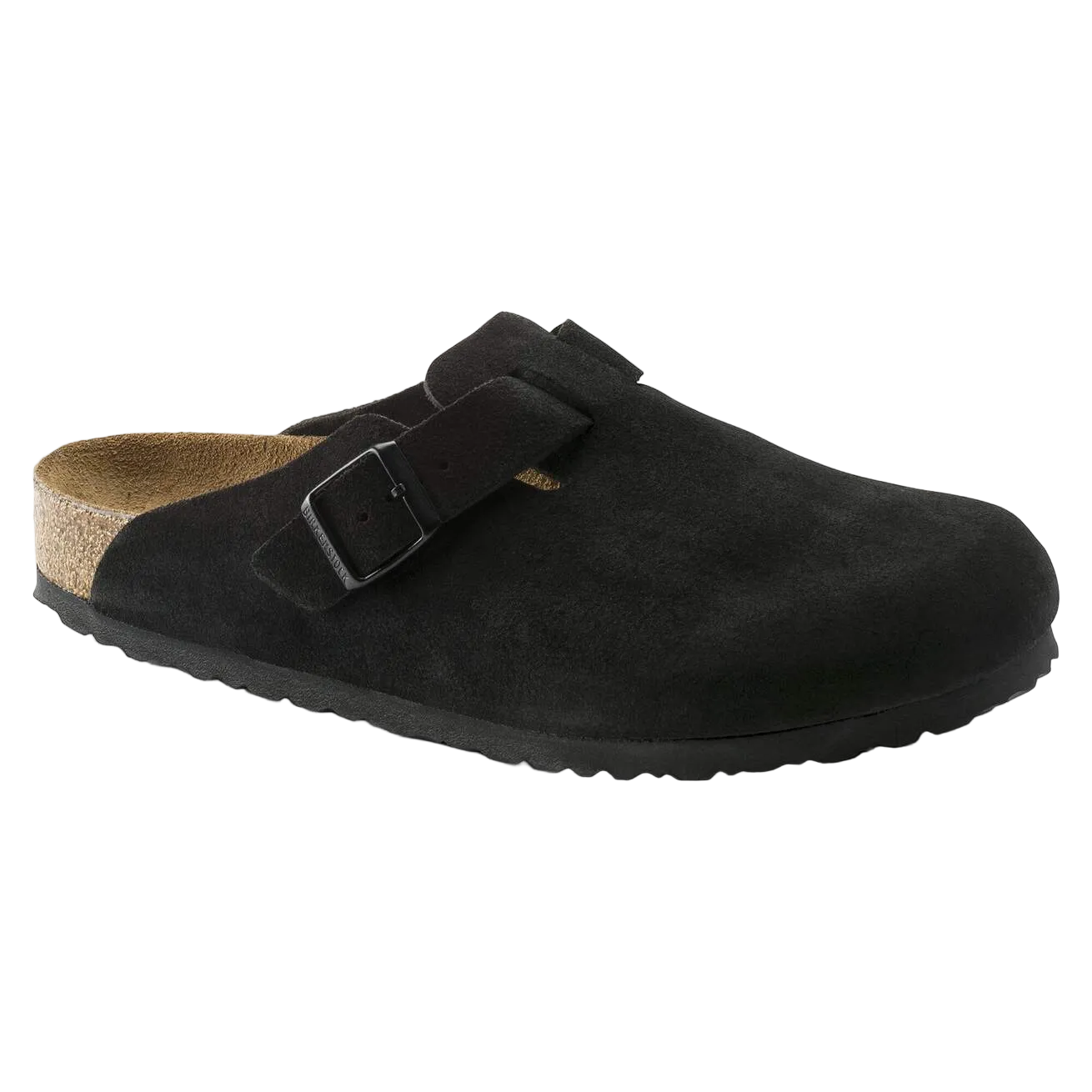 Black suede clog shoe with a strap on a white background