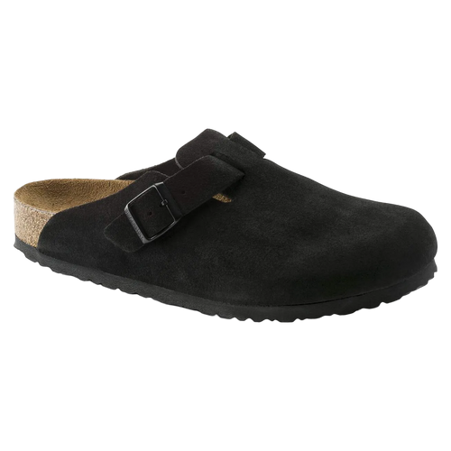 Black suede clog shoe with a strap on a white background