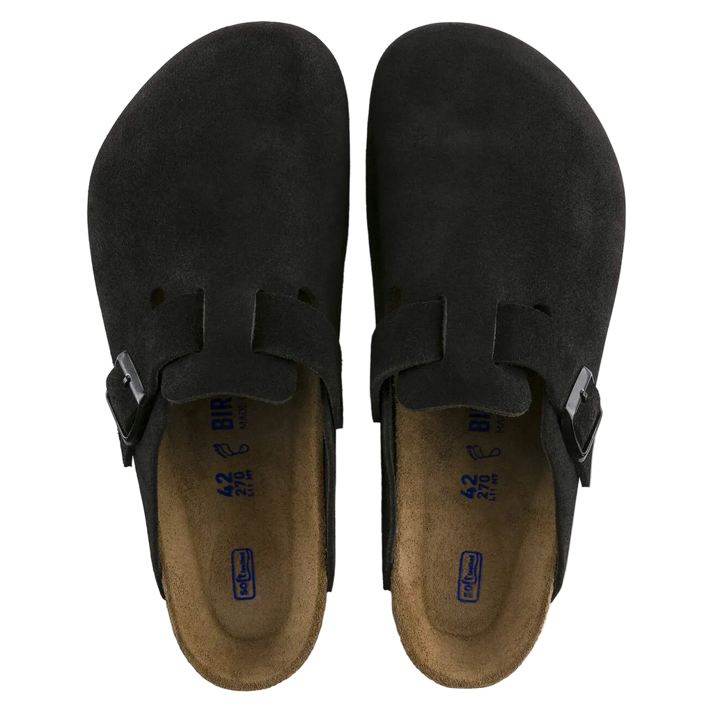 Pair of black suede shoes with brown soles on a white background
