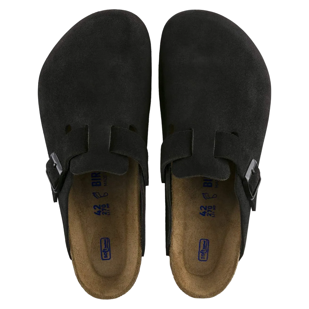 Pair of black suede shoes with brown soles on a white background
