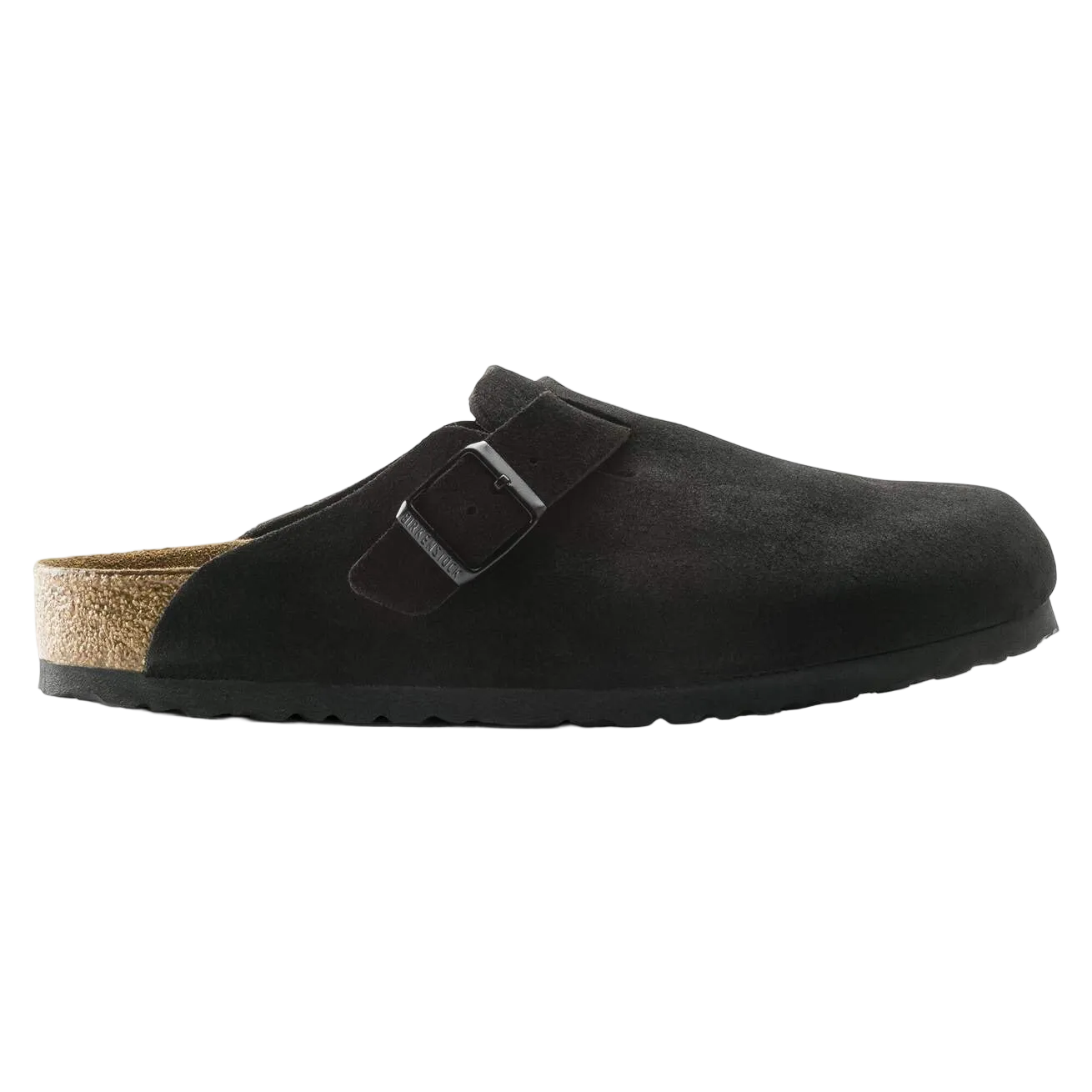 Black suede clog shoe with cork insole on a white background