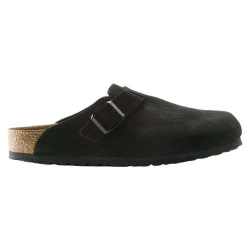 Black suede clog shoe with cork insole on a white background