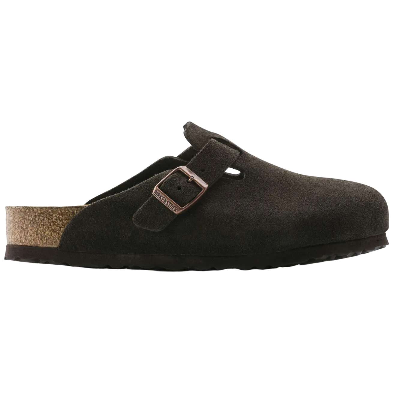 Brown suede clog shoe with a buckle on a white background