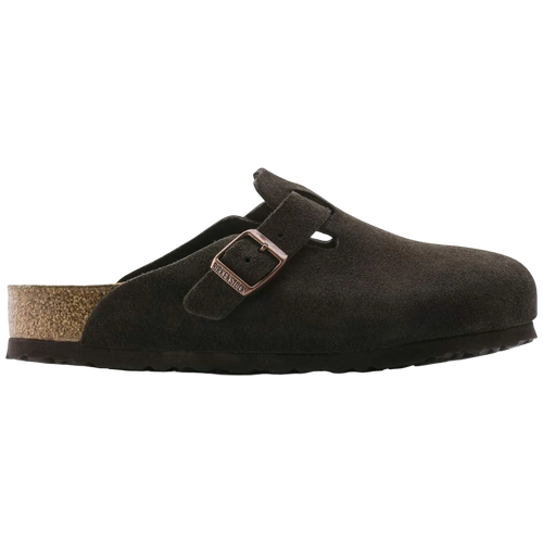 Brown suede clog shoe with a buckle on a white background