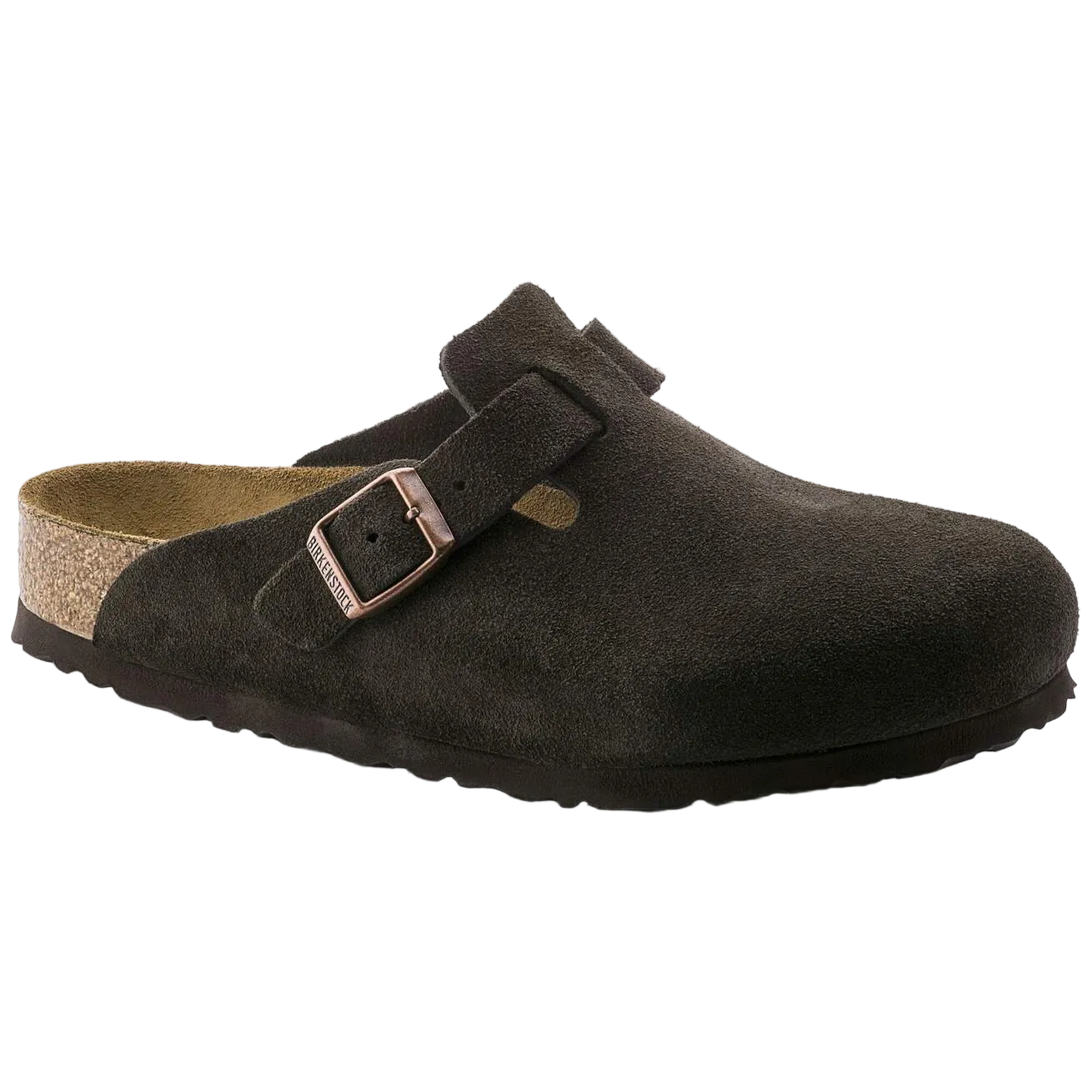 Brown suede clog shoe with a buckle on a white background