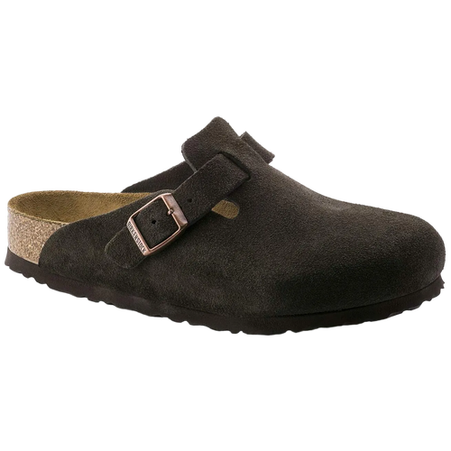 Brown suede clog shoe with a buckle on a white background