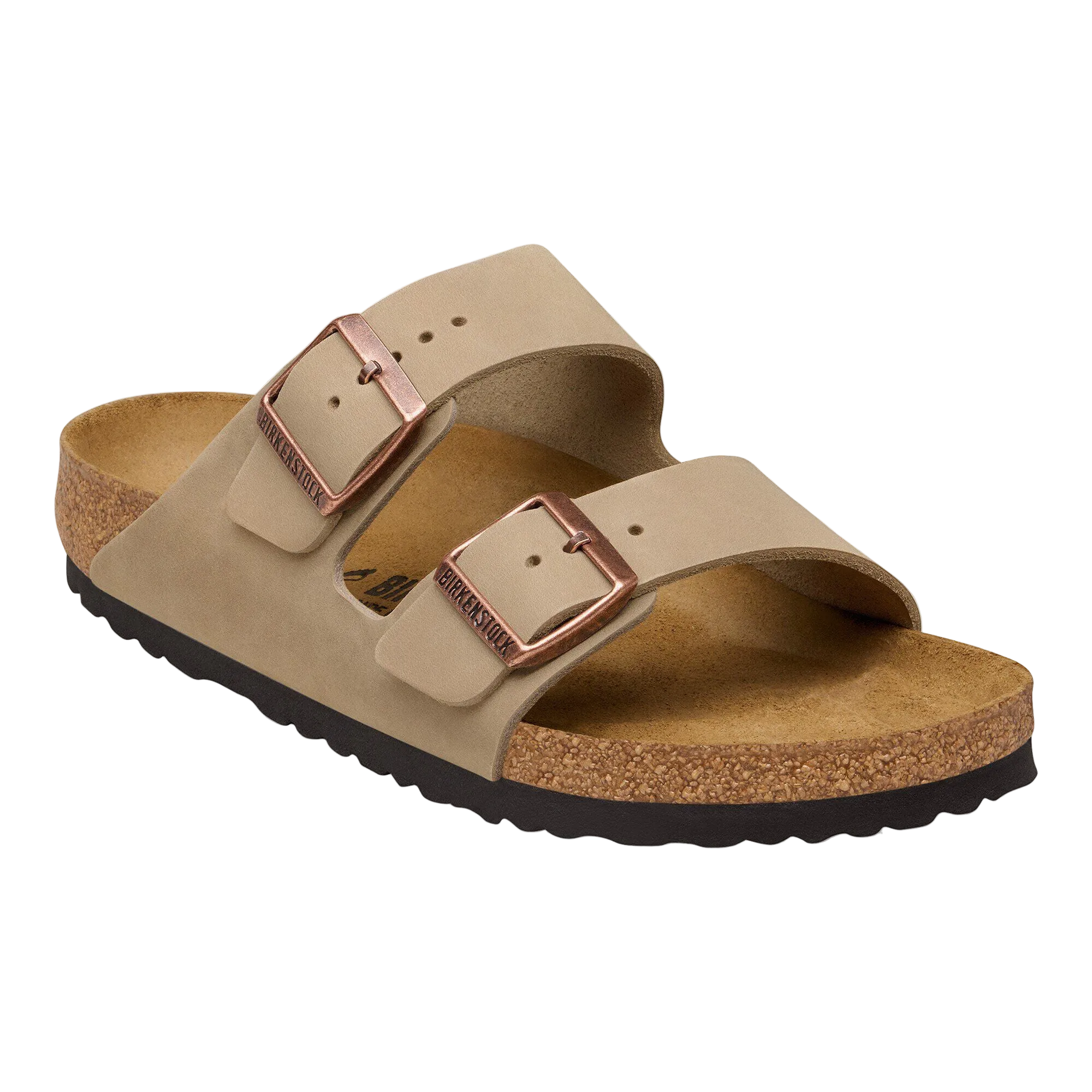 Beige sandal with brown buckle on a white background