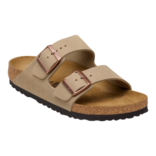 Beige sandal with brown buckle on a white background