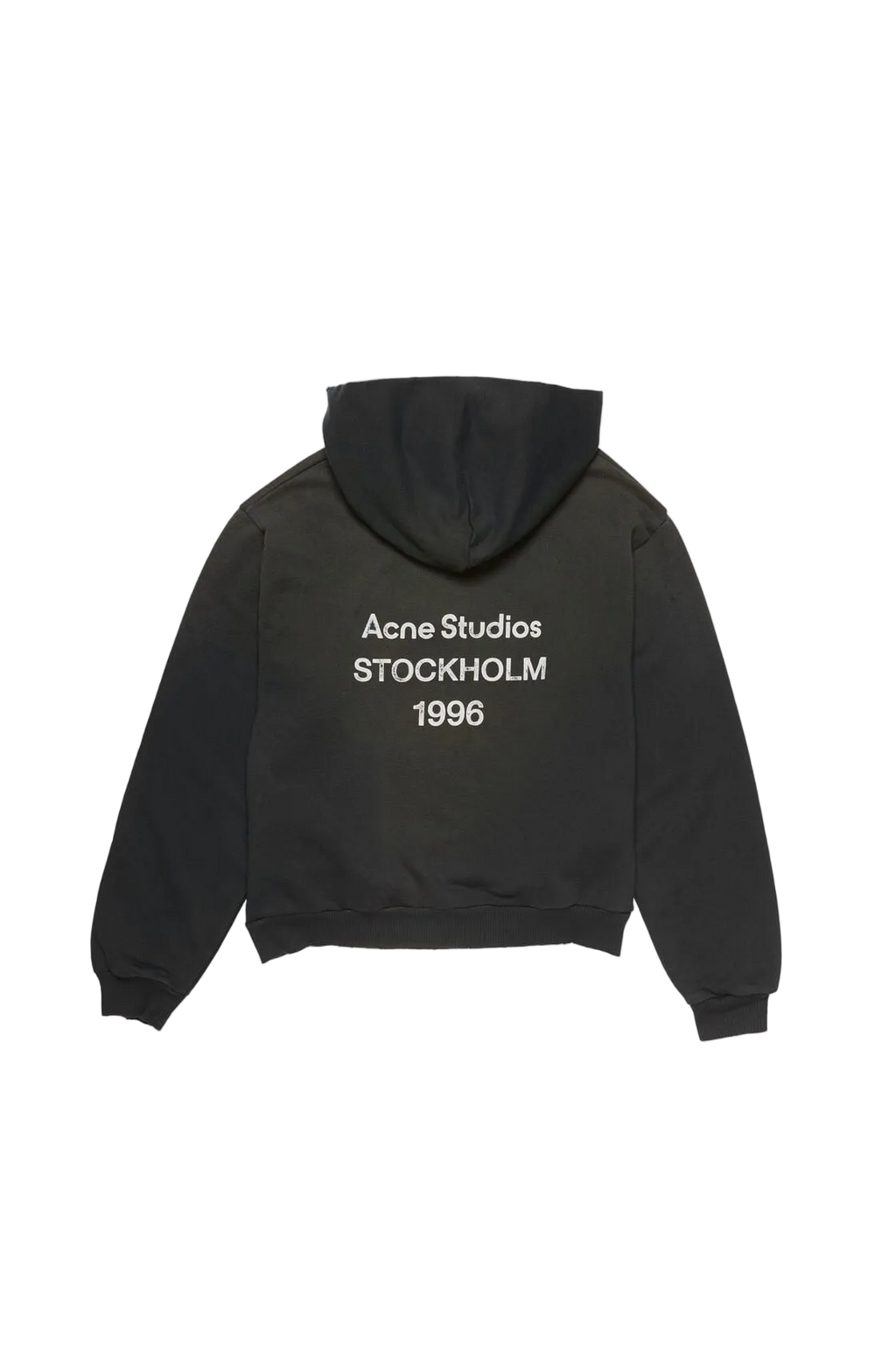 Black hoodie with 'Acne Studios Stockholm 1996' text on the back against a white background
