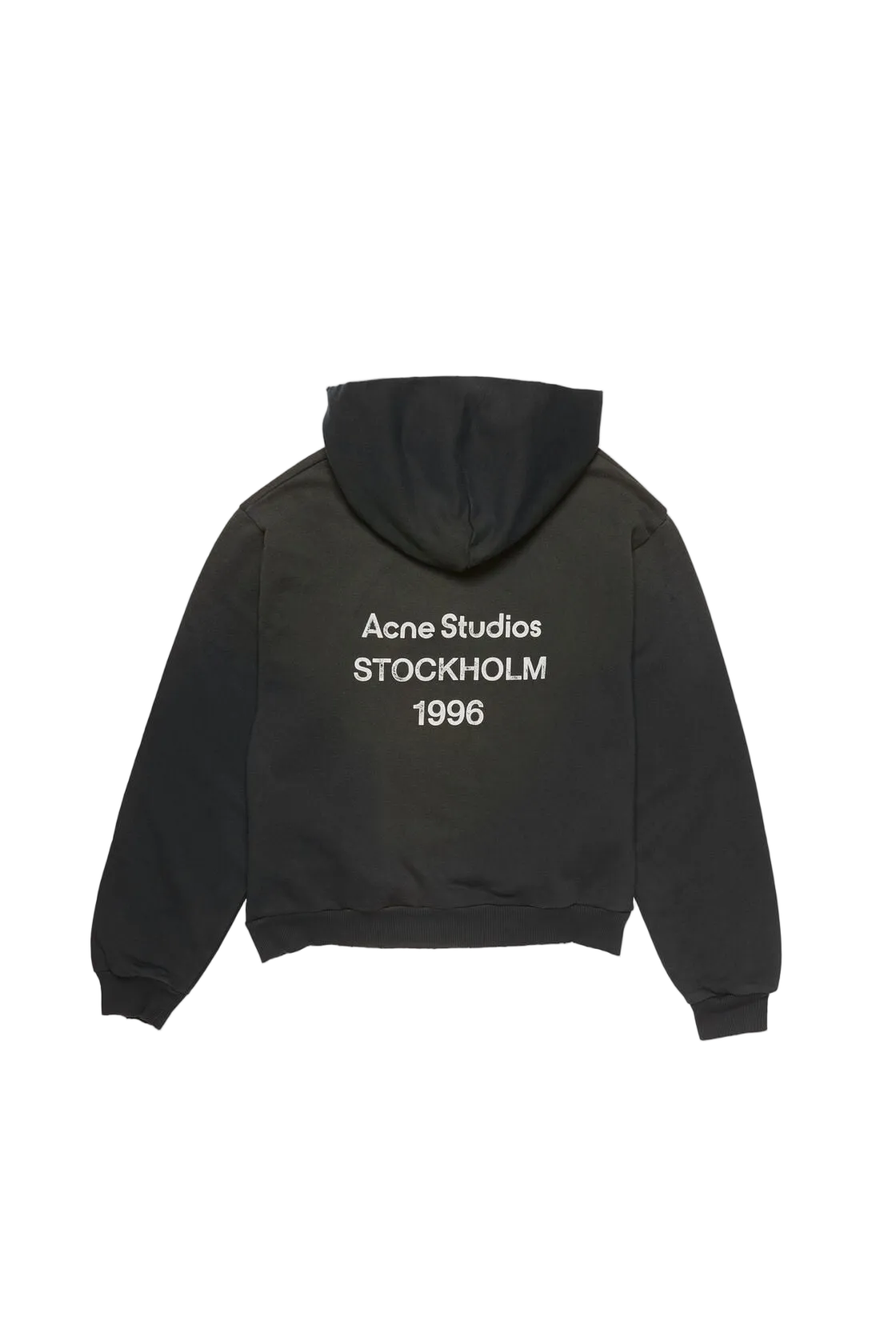 Black hoodie with 'Acne Studios Stockholm 1996' text on the back against a white background