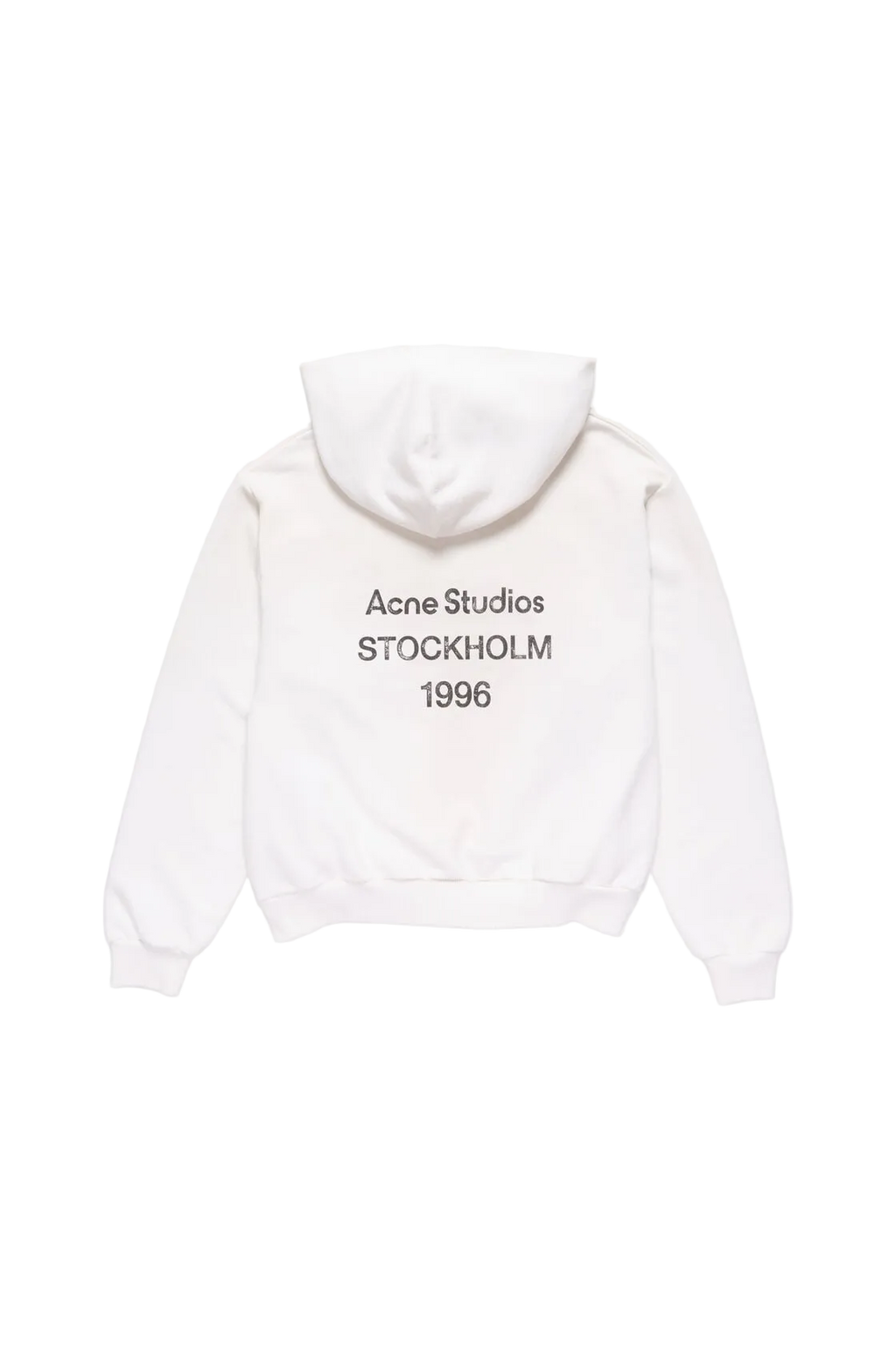 White hoodie with 'Acne Studios Stockholm 1996' text on a white background