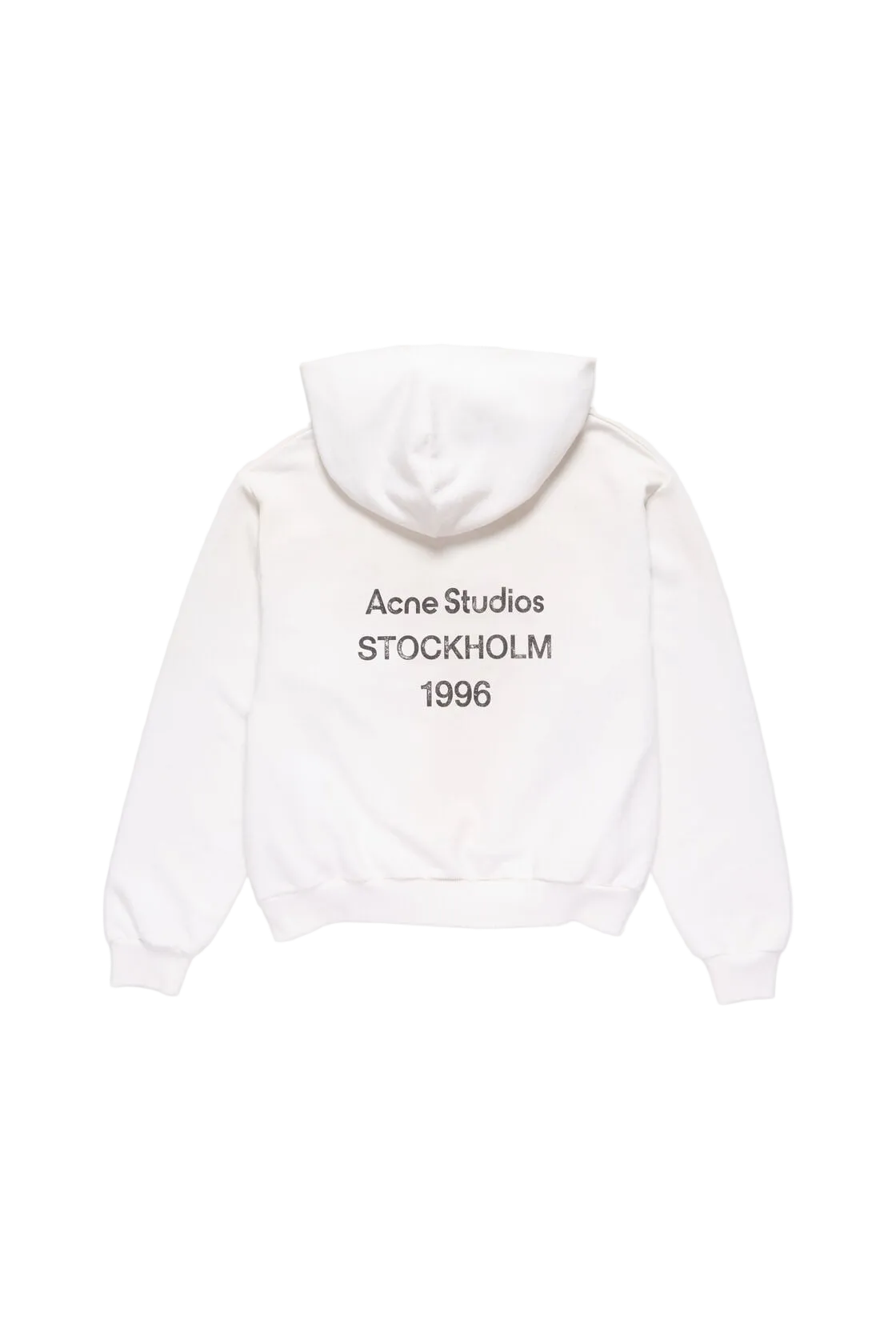 White hoodie with 'Acne Studios Stockholm 1996' text on a white background