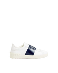 White sneaker with a blue stripe on a white background