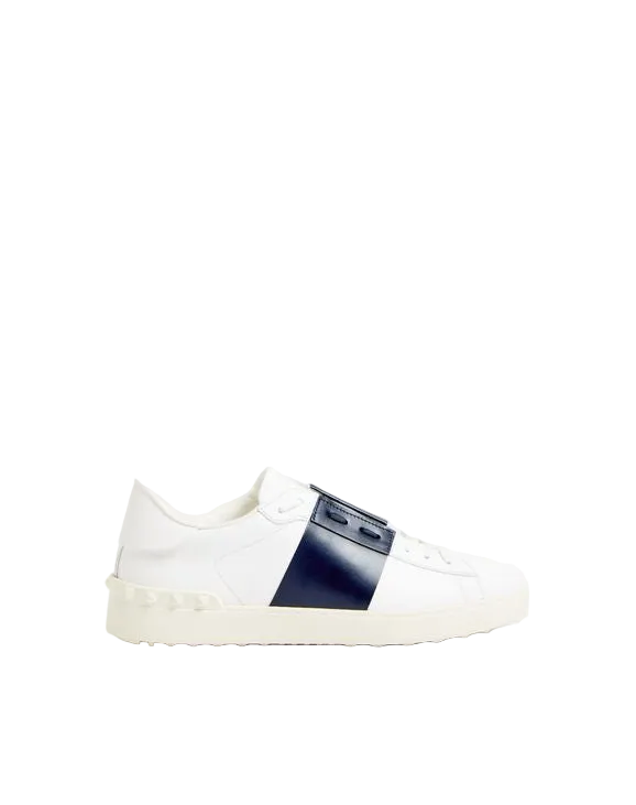 White sneaker with a blue stripe on a white background