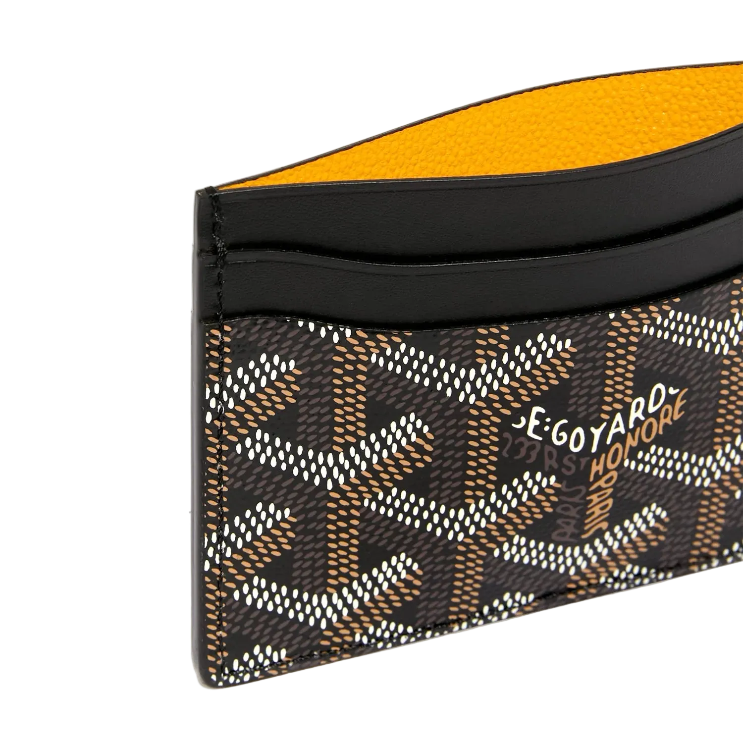 Goyard cardholder with black and yellow design on a white background