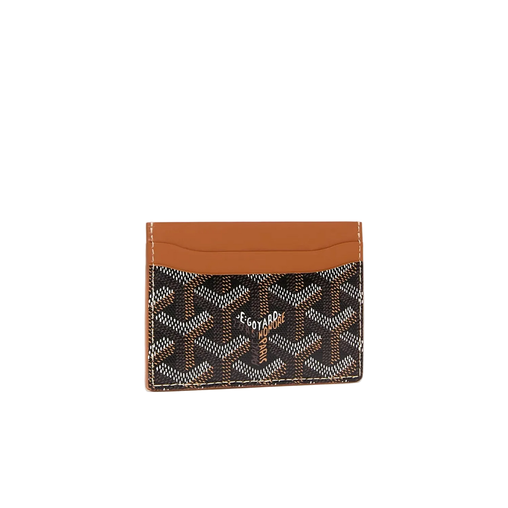 Cardholder with patterned front and brown back on a white background