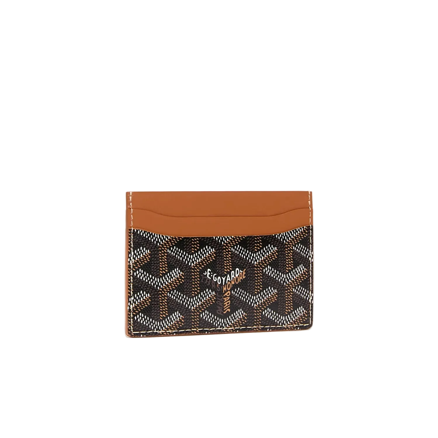 Cardholder with patterned front and brown back on a white background