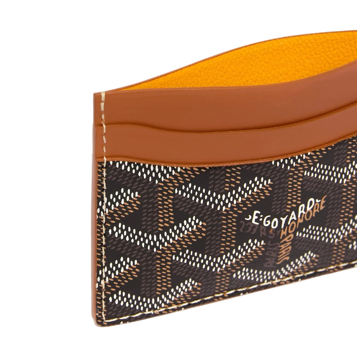 Cardholder with patterned design and brown accents on a white background