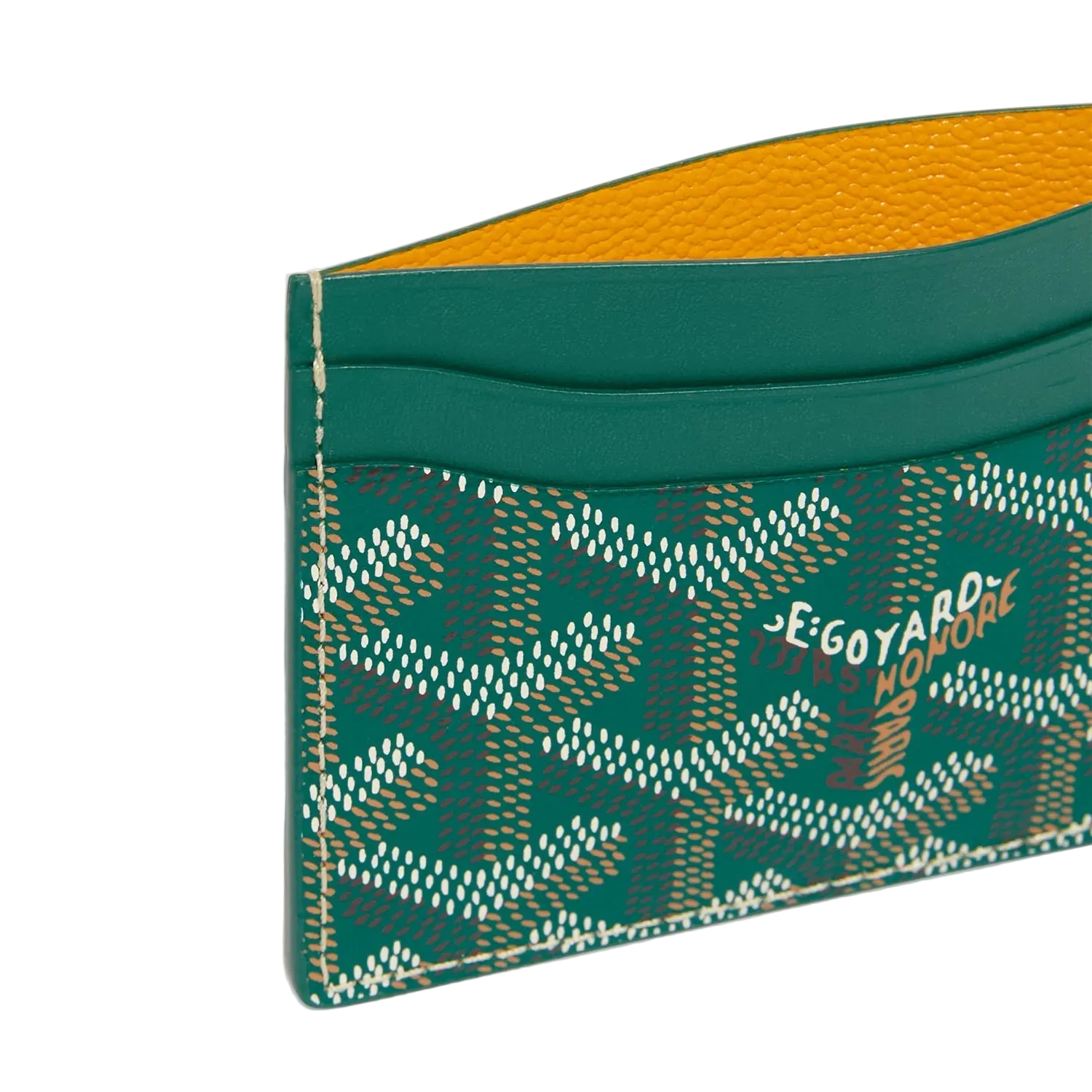 Green cardholder with patterned design on a white background