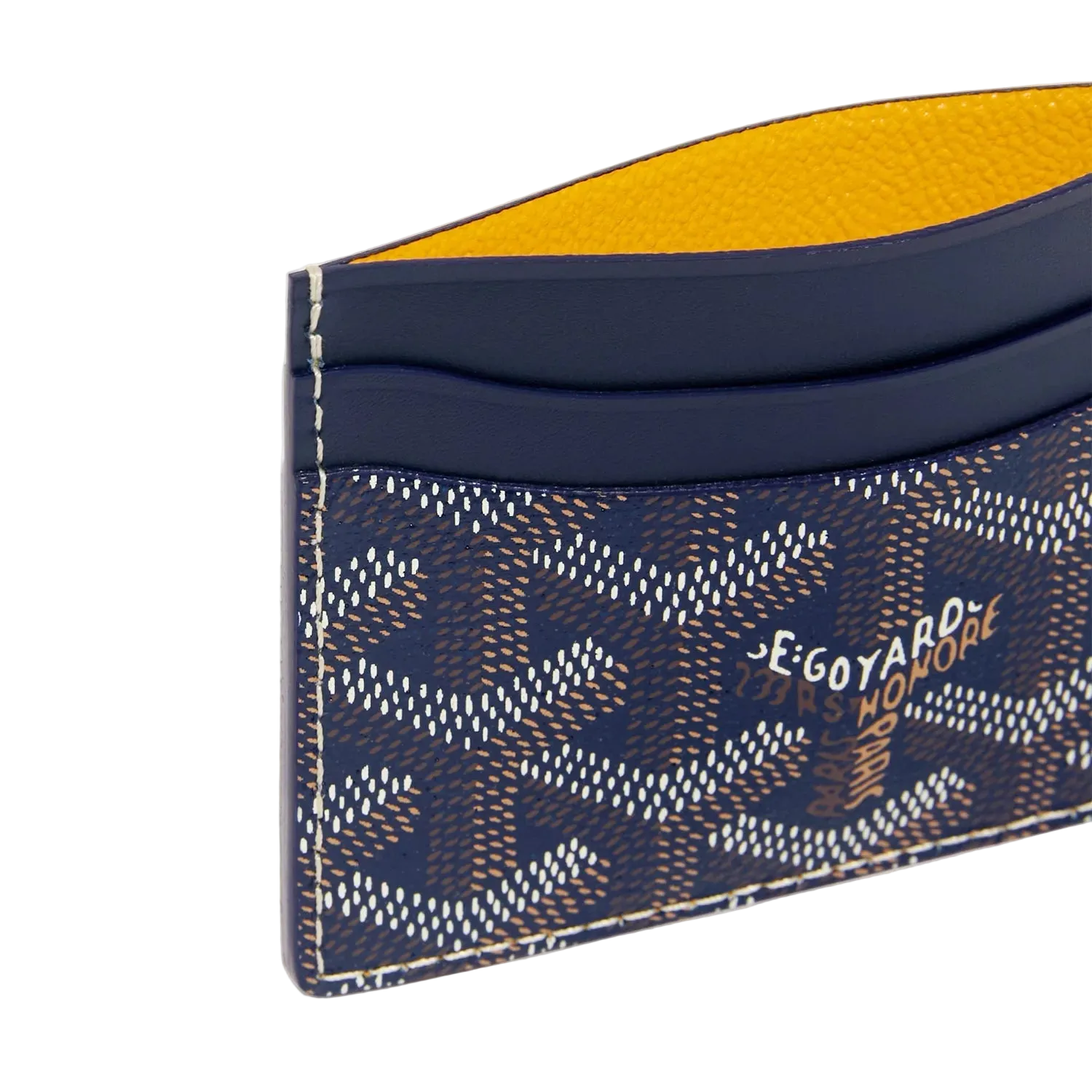 Goyard cardholder with blue and yellow design on a white background
