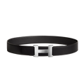 Black and brown leather belt with silver H-buckle on a light gray background
