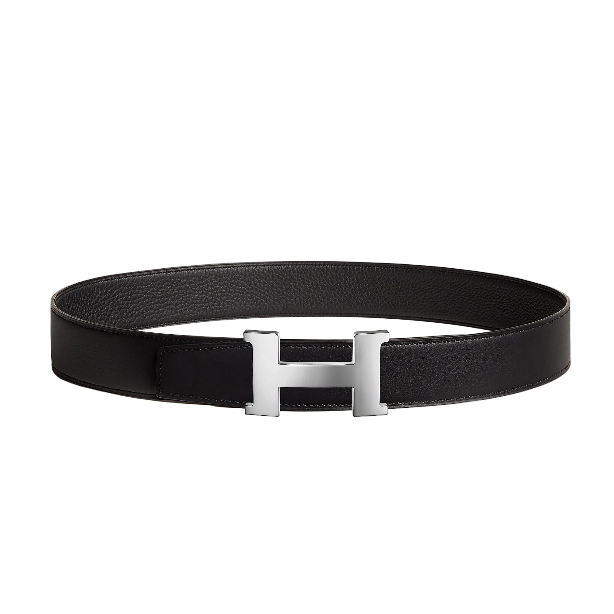 Black and brown leather belt with silver H-buckle on a light gray background