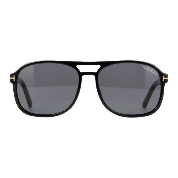 Black Tom Ford sunglasses with gold accents on a white background